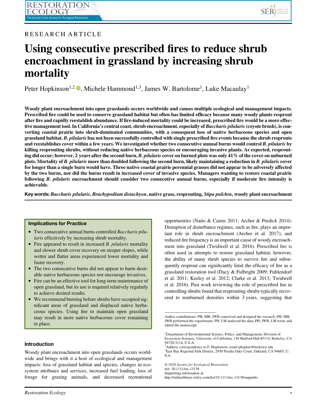 Using Consecutive Prescribed Fires to Reduce Shrub Encroachment In