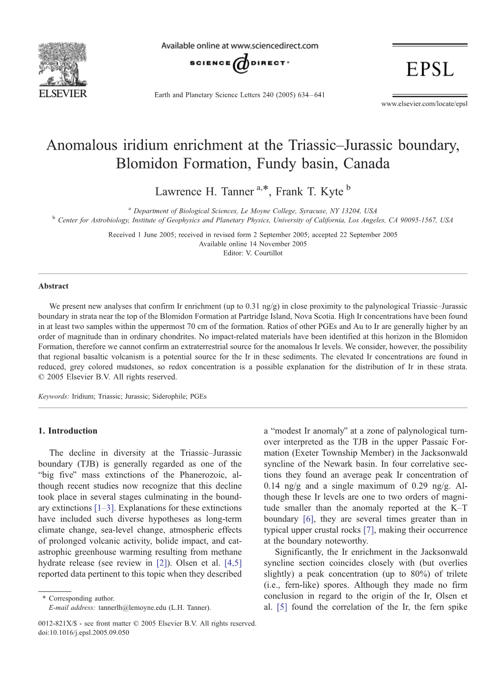 Anomalous Iridium Enrichment at the Triassic–Jurassic Boundary, Blomidon Formation, Fundy Basin, Canada