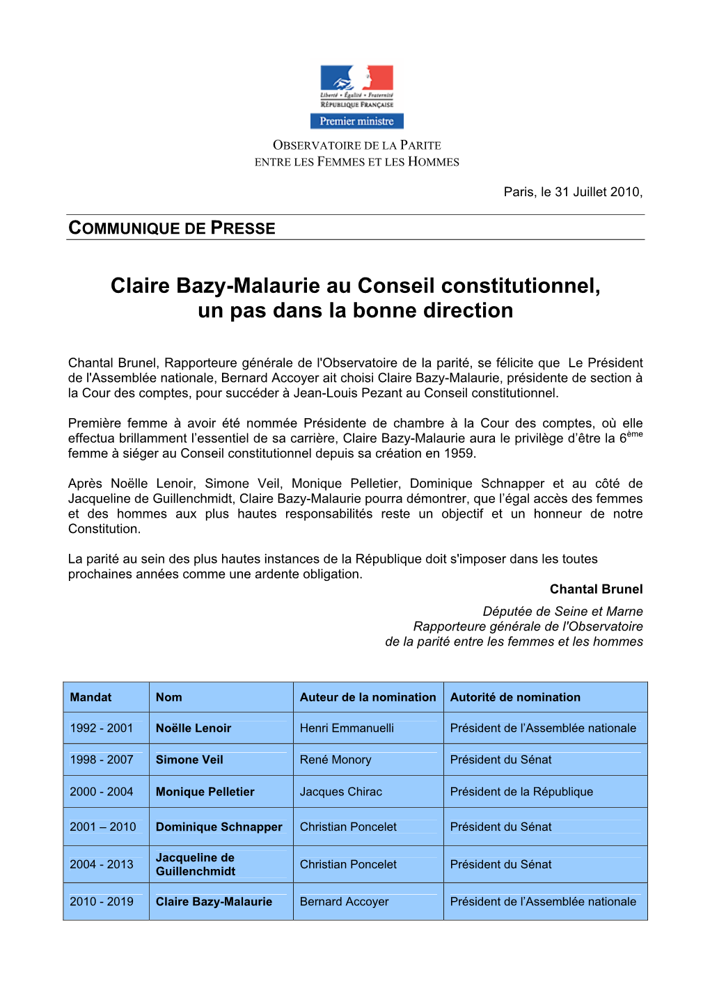 Claire Bazy-Malaurie Au Conseil Constitutionnel, Un Pas Dans La Bonne Direction