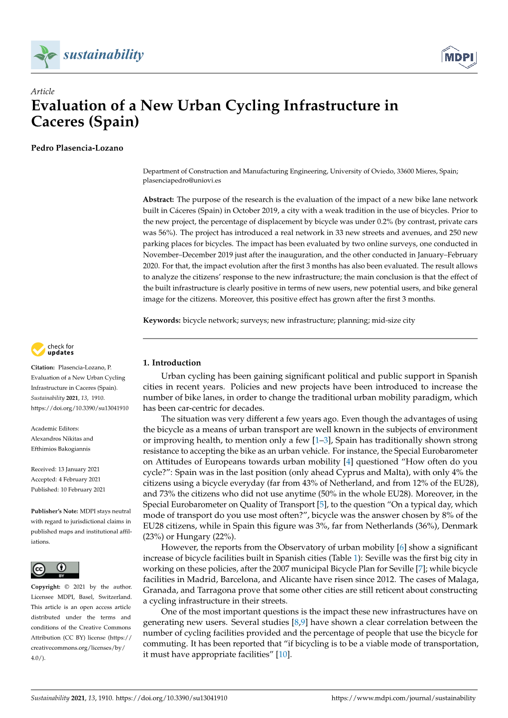 Evaluation of a New Urban Cycling Infrastructure in Caceres (Spain)