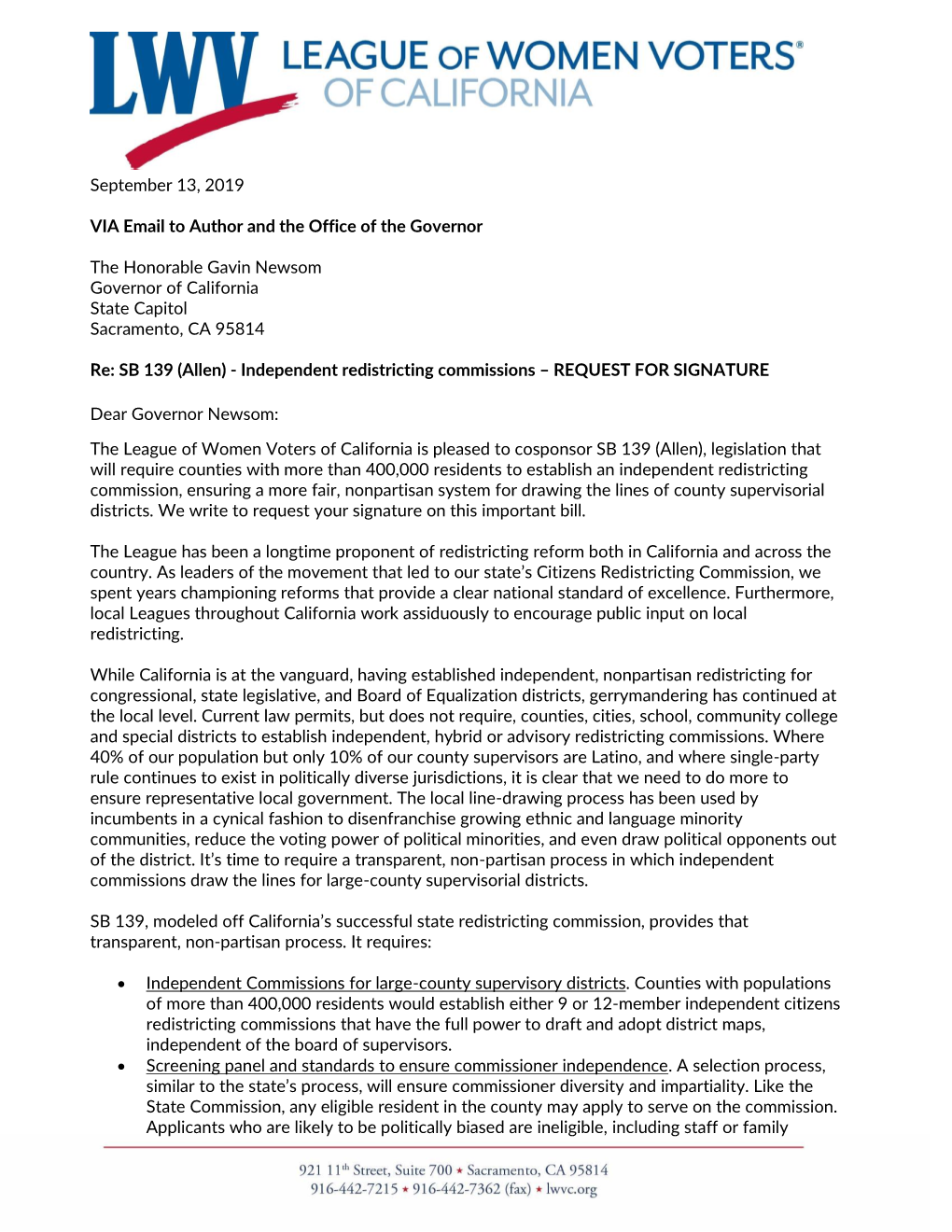 September 13, 2019 VIA Email to Author and the Office of the Governor the Honorable Gavin Newsom Governor of California State Ca