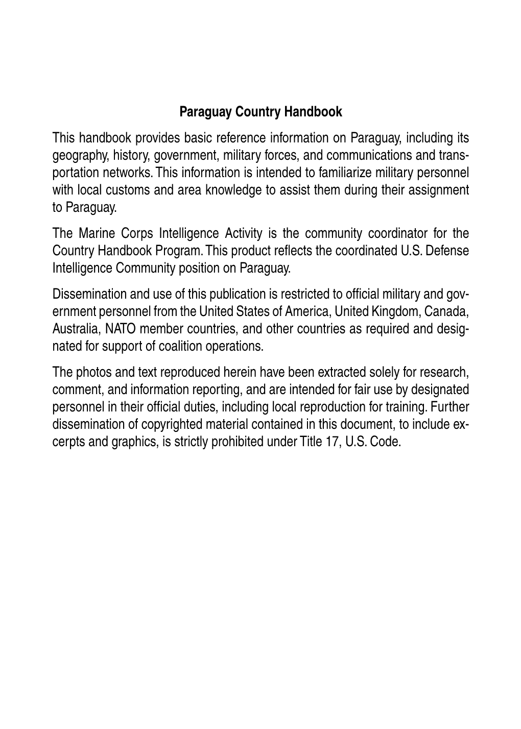 Paraguay Country Handbook This Handbook Provides Basic Reference