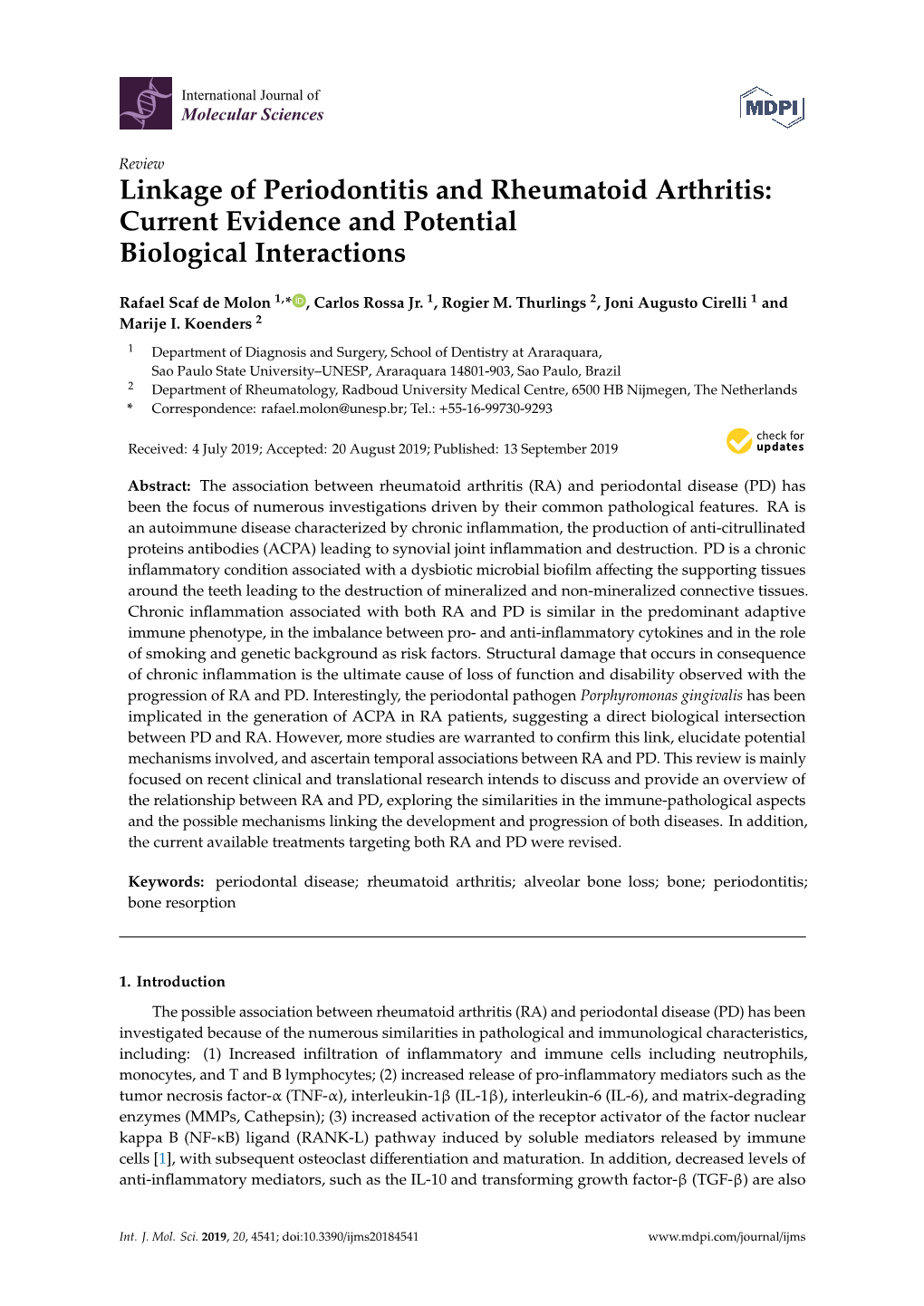 Linkage of Periodontitis and Rheumatoid Arthritis: Current Evidence and Potential Biological Interactions