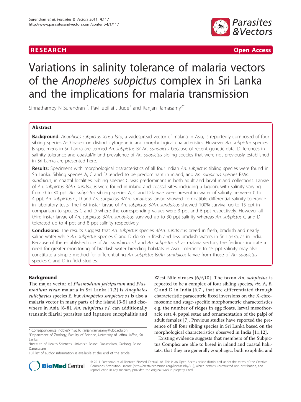Variations in Salinity Tolerance of Malaria Vectors of the Anopheles
