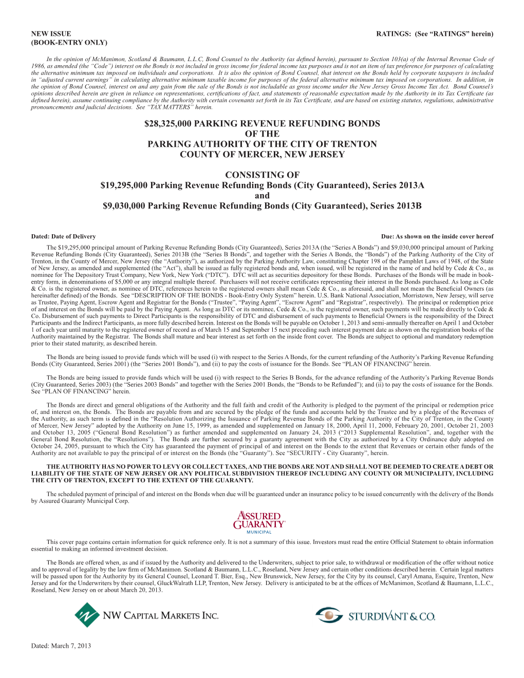 $28,325,000 Parking Revenue Refunding Bonds of the Parking Authority of the City of Trenton County of Mercer, New Jersey