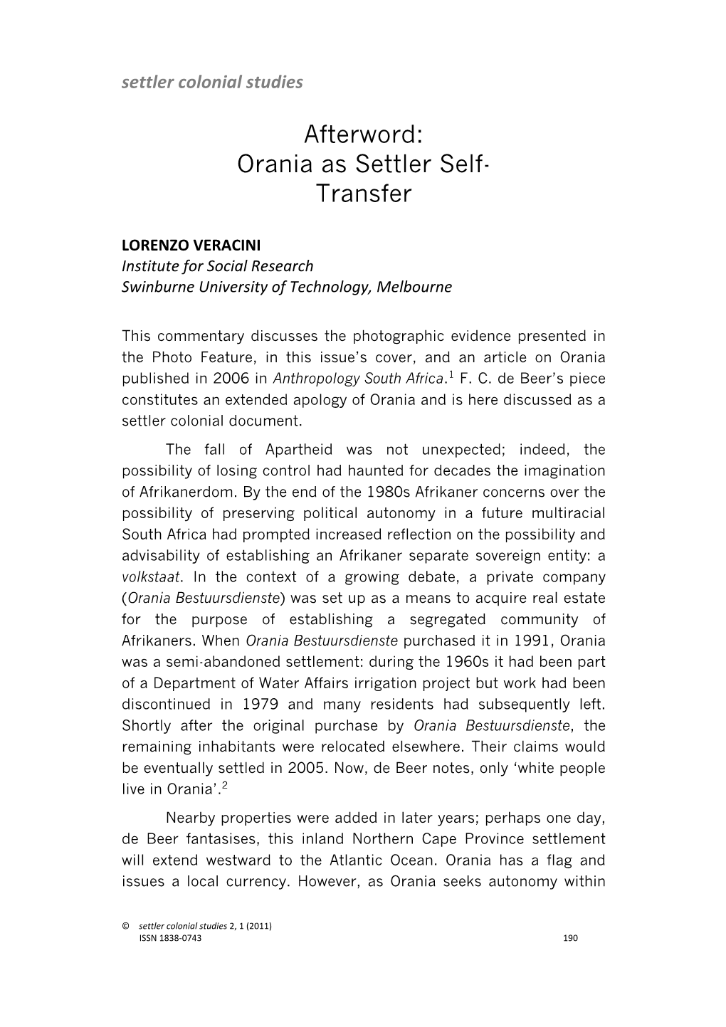 Orania As Settler Self-Transfer’