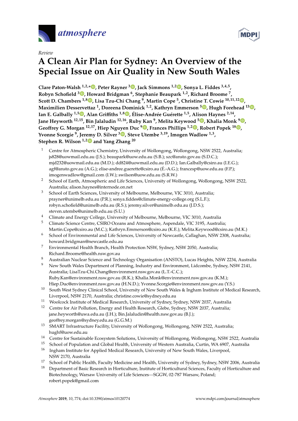 A Clean Air Plan for Sydney: an Overview of the Special Issue on Air Quality in New South Wales