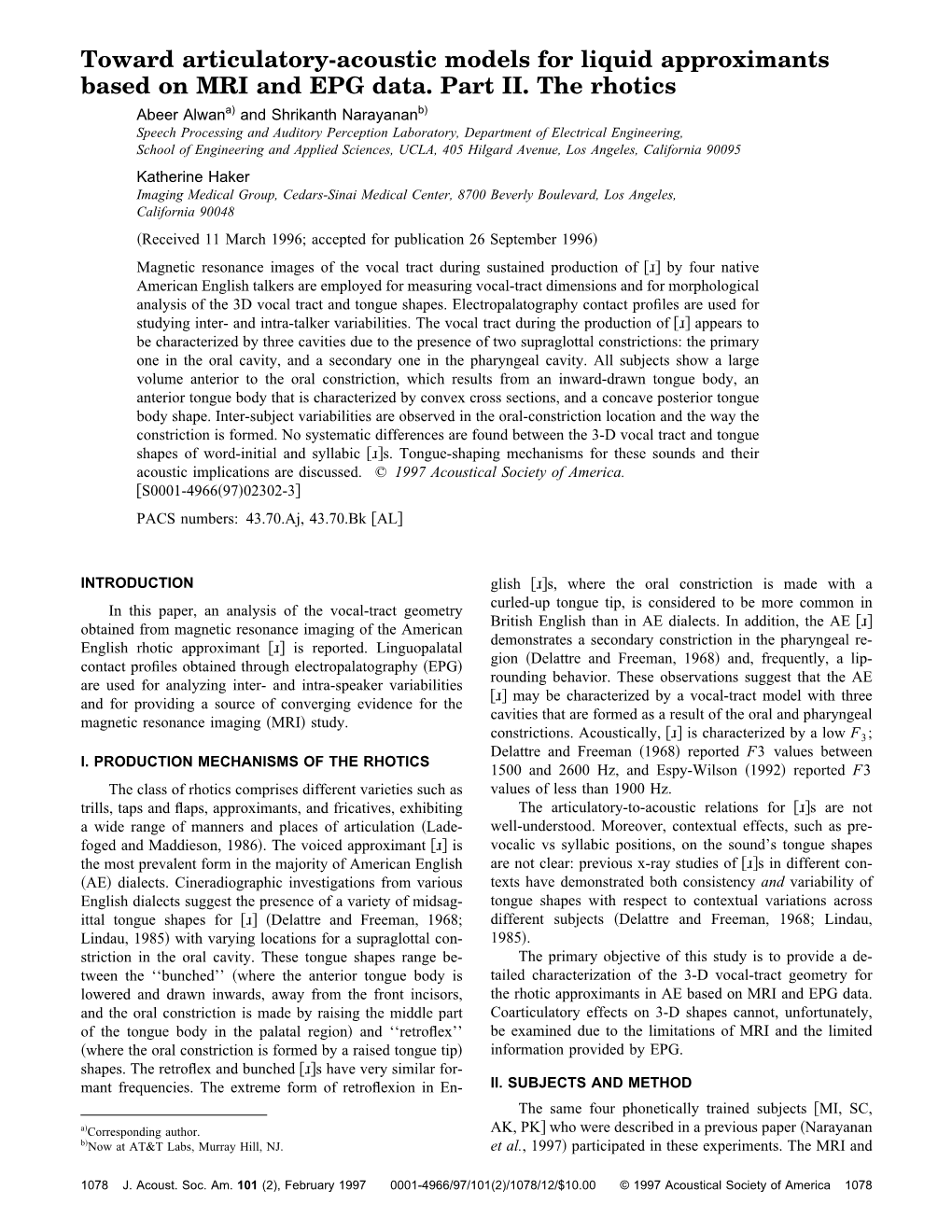 Toward Articulatory-Acoustic Models for Liquid Approximants Based on MRI and EPG Data