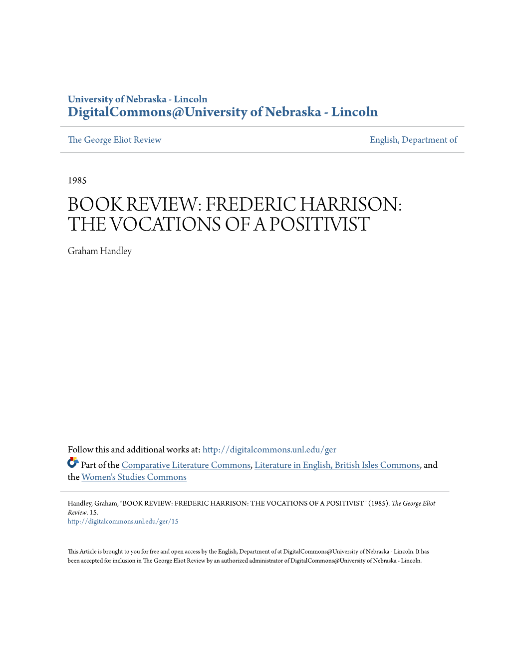 FREDERIC HARRISON: the VOCATIONS of a POSITIVIST Graham Handley