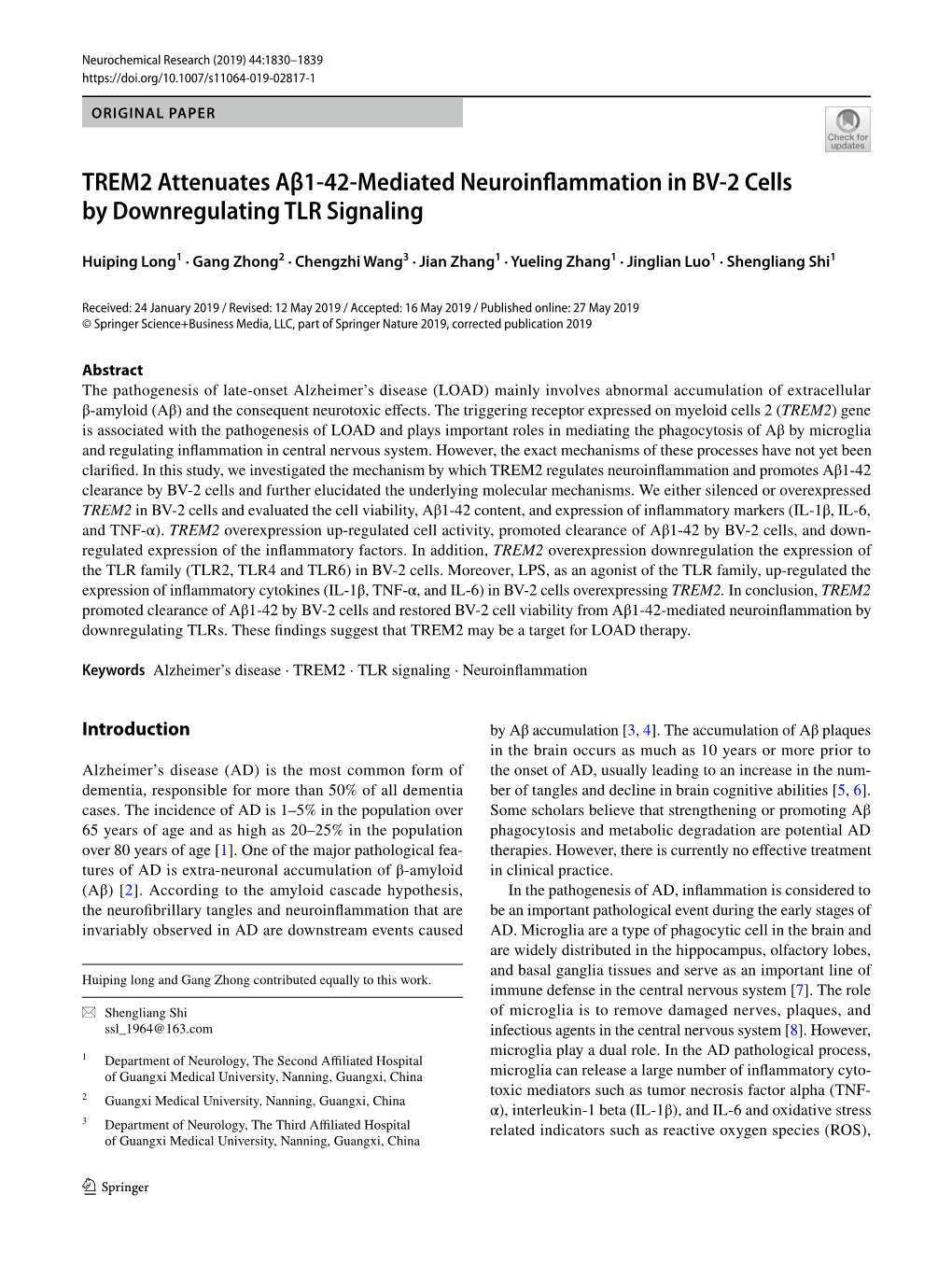 TREM2 Attenuates Aβ1-42-Mediated Neuroinflammation in BV-2 Cells By