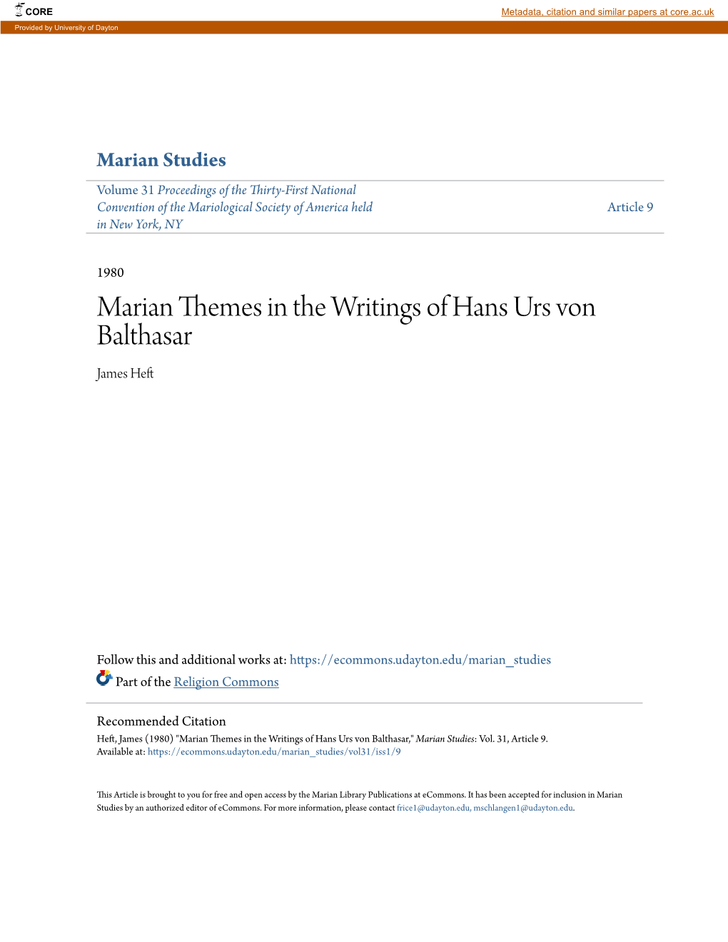 Marian Themes in the Writings of Hans Urs Von Balthasar James Heft