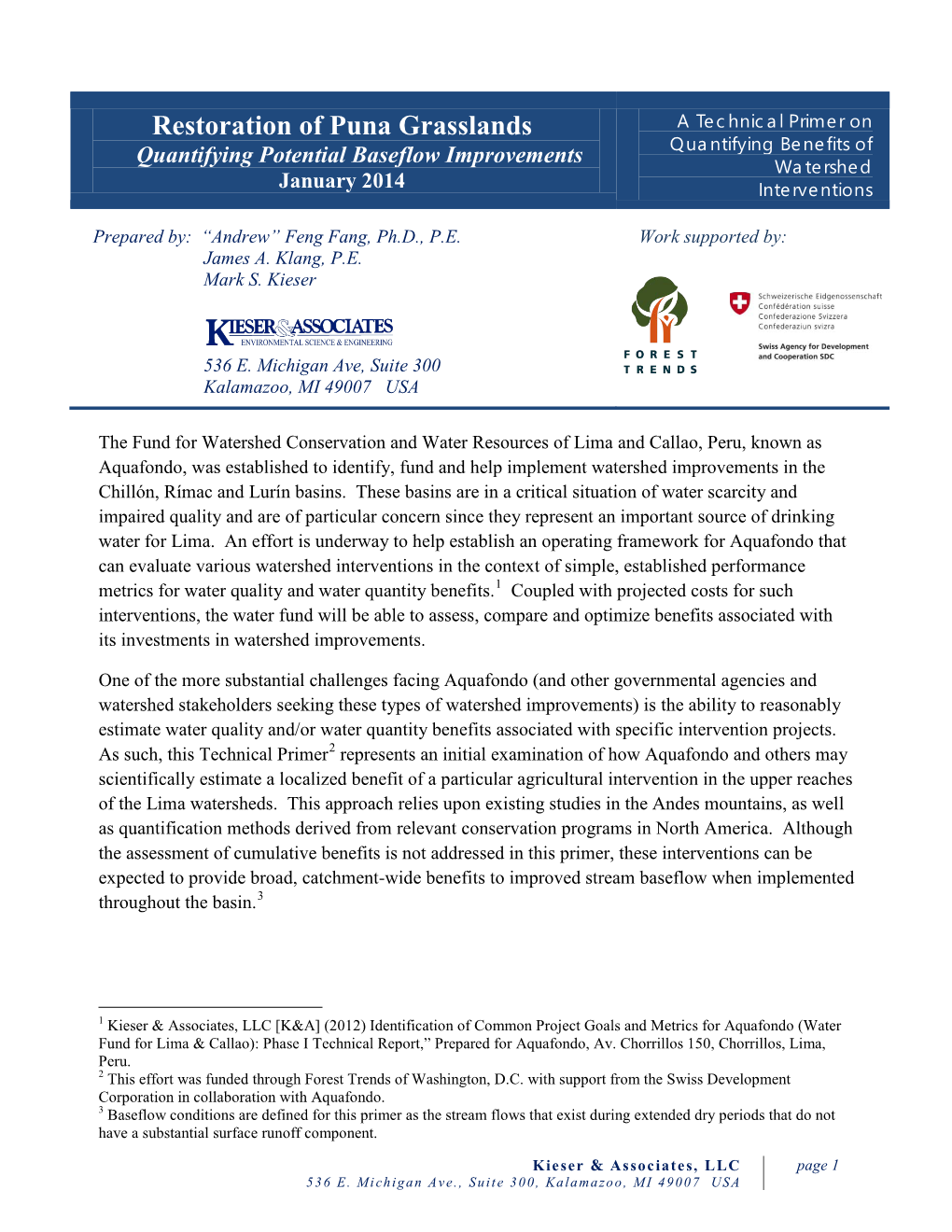 Restoration of Puna Grasslands a Technical Primer on Quantifying Potential Baseflow Improvements Quantifying Benefits of Watershed January 2014 Interventions