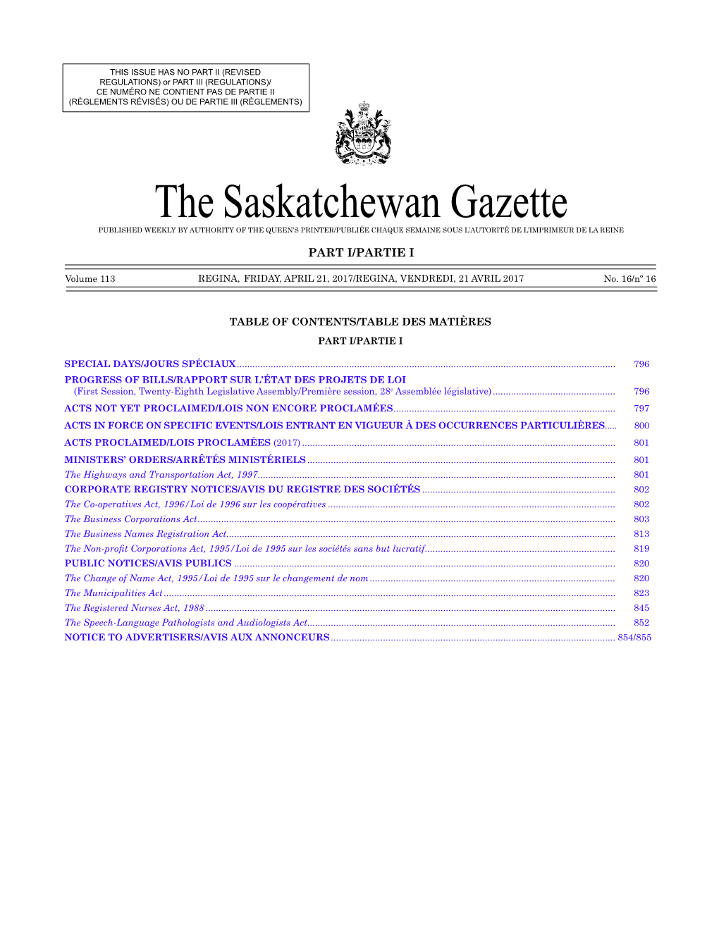 The Saskatchewan Gazette, 21 Avril 2017