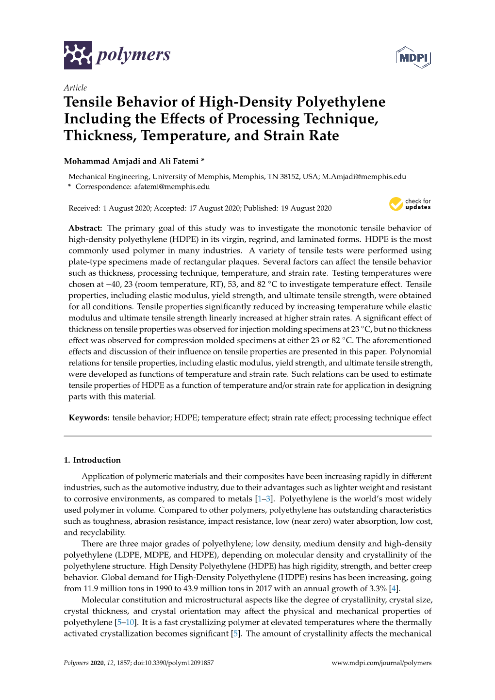 Tensile Behavior of High-Density Polyethylene Including the Effects