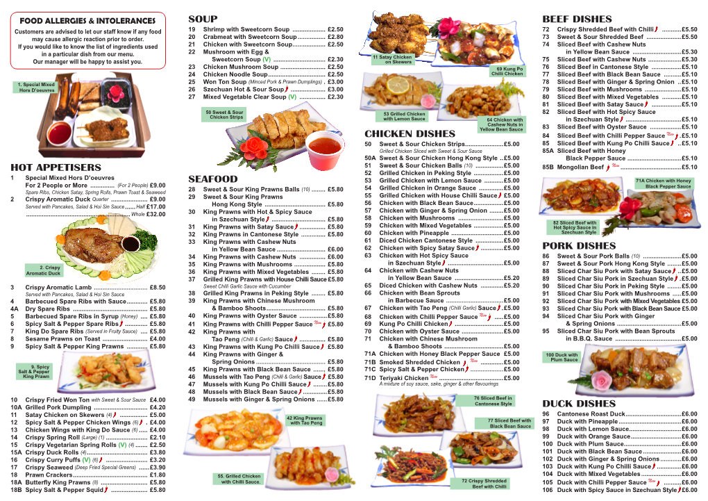 Hot Appetisers Soup Seafood Chicken Dishes Beef Dishes