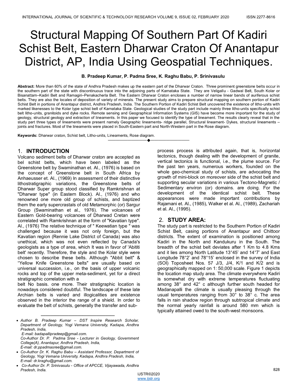 Structural Mapping of Southern Part of Kadiri Schist Belt, Eastern Dharwar Craton of Anantapur District, AP, India Using Geospatial Techniques