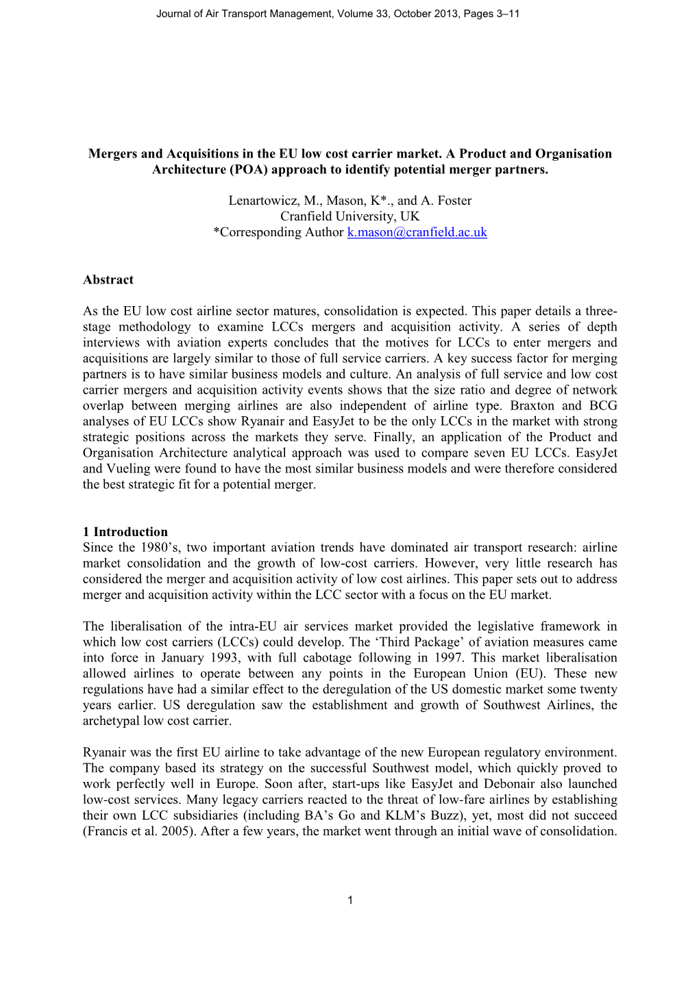 Mergers and Acquisitions in the EU Low Cost Carrier Market. a Product and Organisation Architecture (POA) Approach to Identify Potential Merger Partners