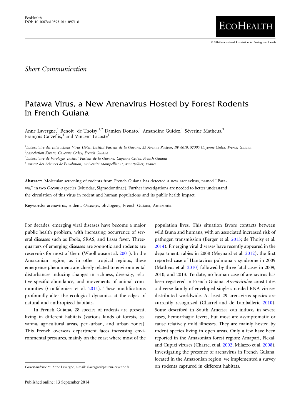 Patawa Virus, a New Arenavirus Hosted by Forest Rodents in French Guiana
