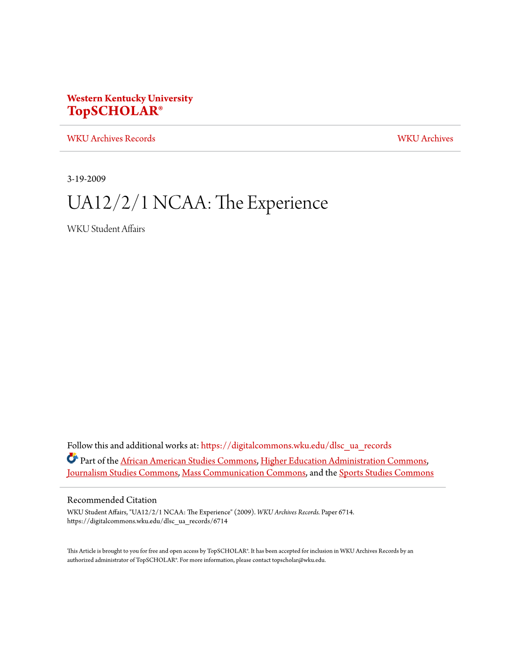 UA12/2/1 NCAA: the Experience WKU Student Affairs