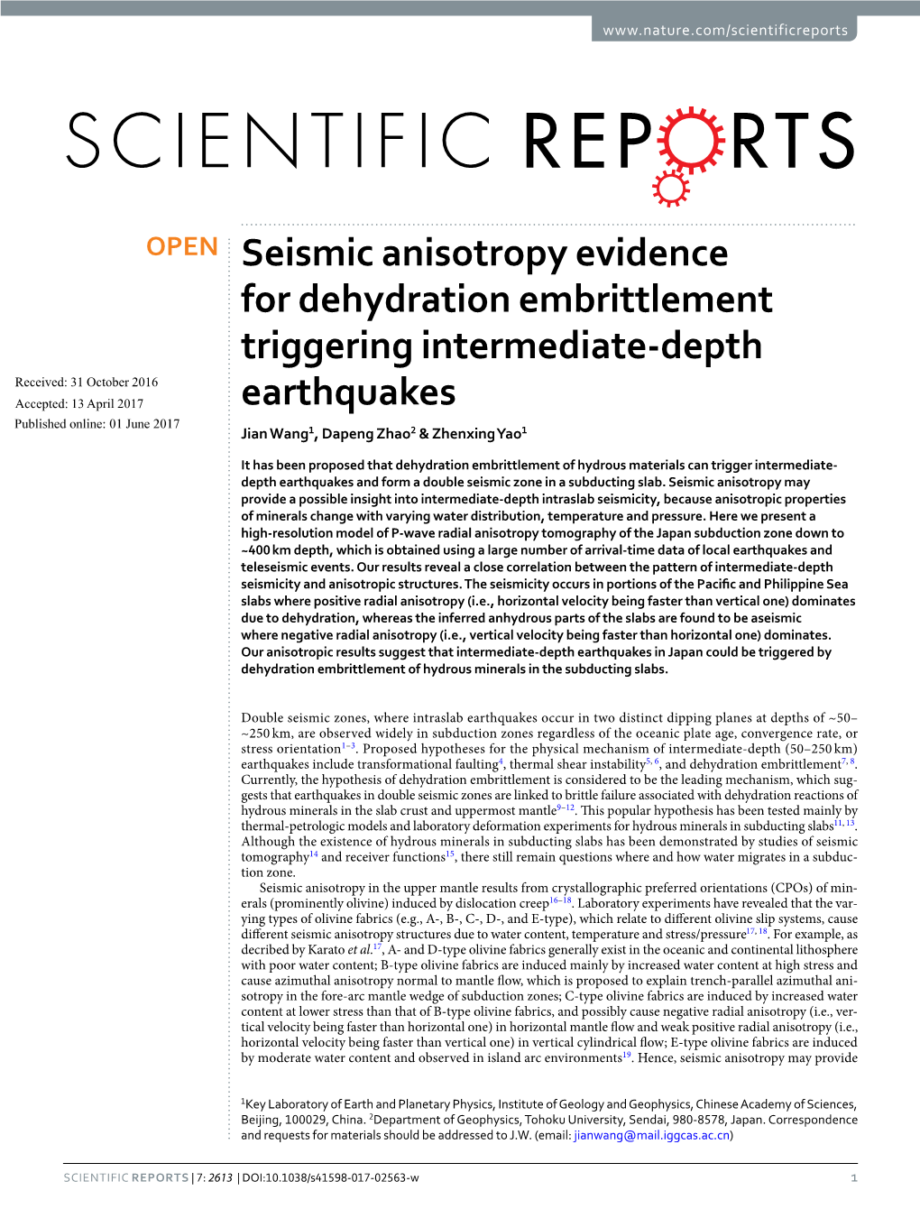 Seismic Anisotropy Evidence for Dehydration Embrittlement