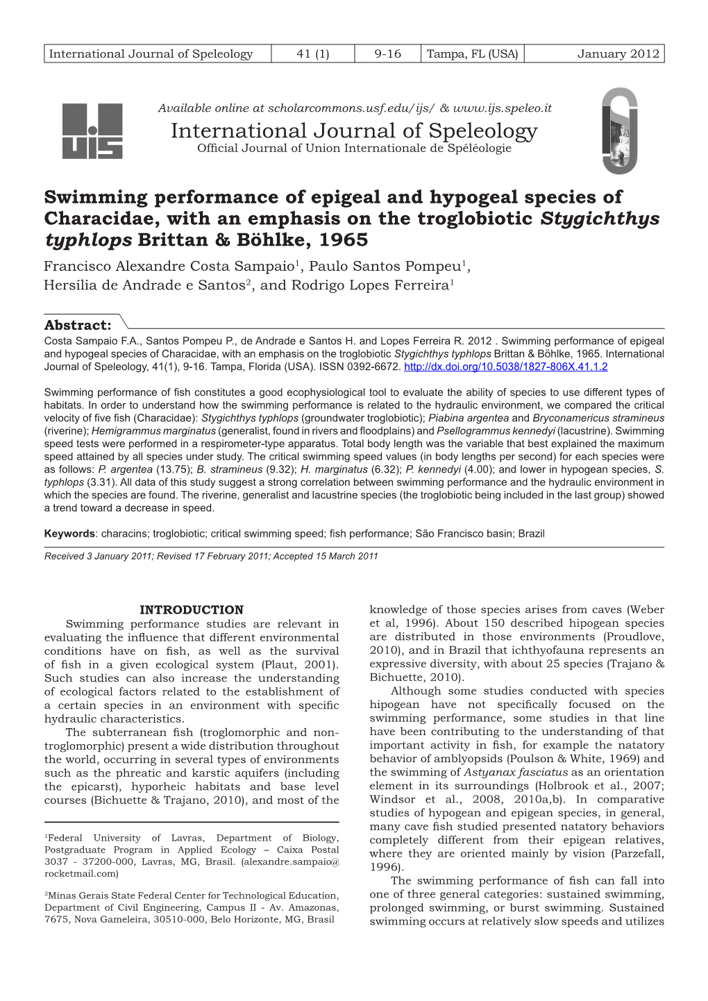 Swimming Performance of Epigeal and Hypogeal Species Of