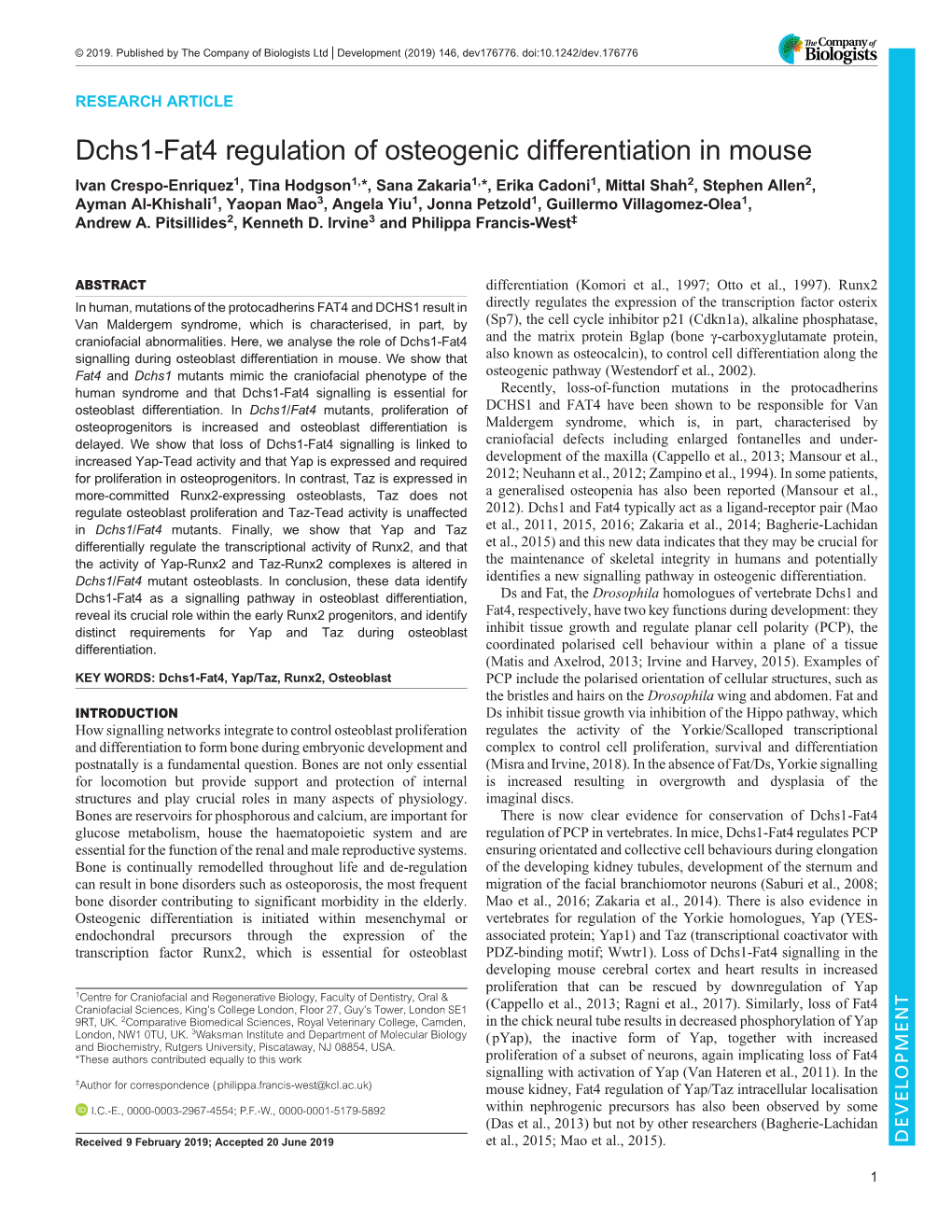 Dchs1-Fat4 Regulation of Osteogenic Differentiation in Mouse