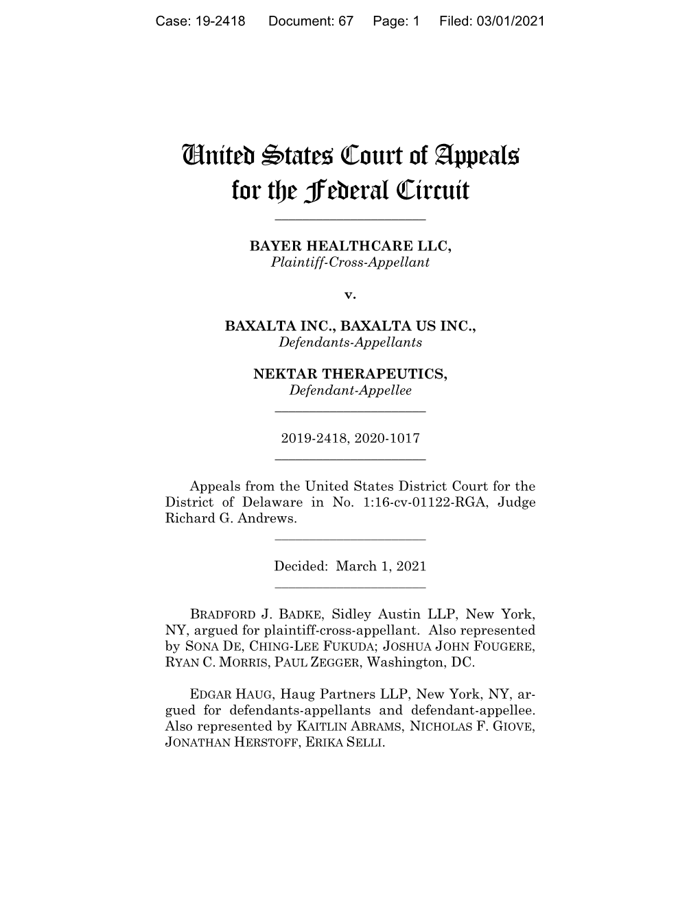 BAYER HEALTHCARE LLC V. BAXALTA INC