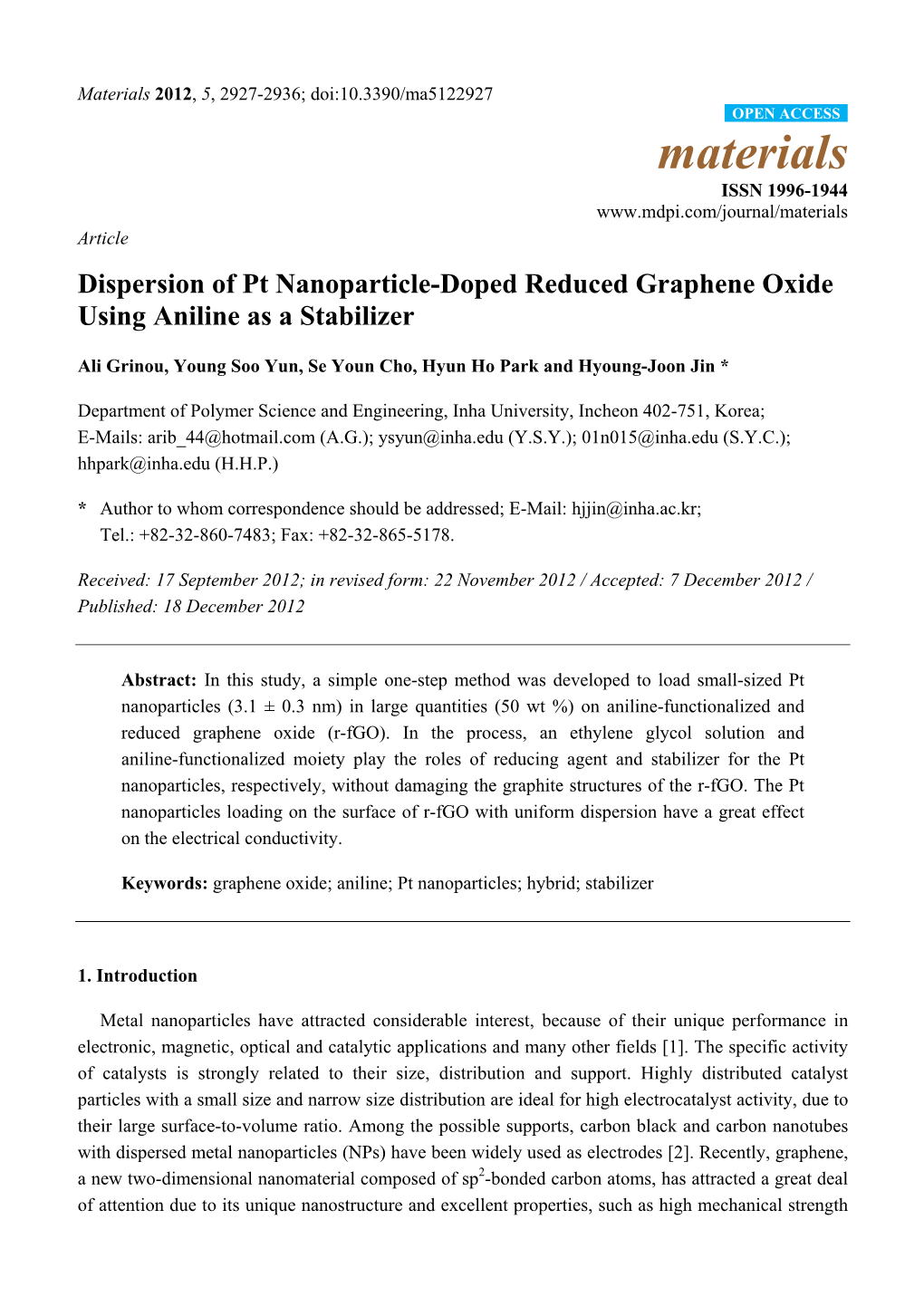 Dispersion of Pt Nanoparticle-Doped Reduced Graphene Oxide Using Aniline As a Stabilizer