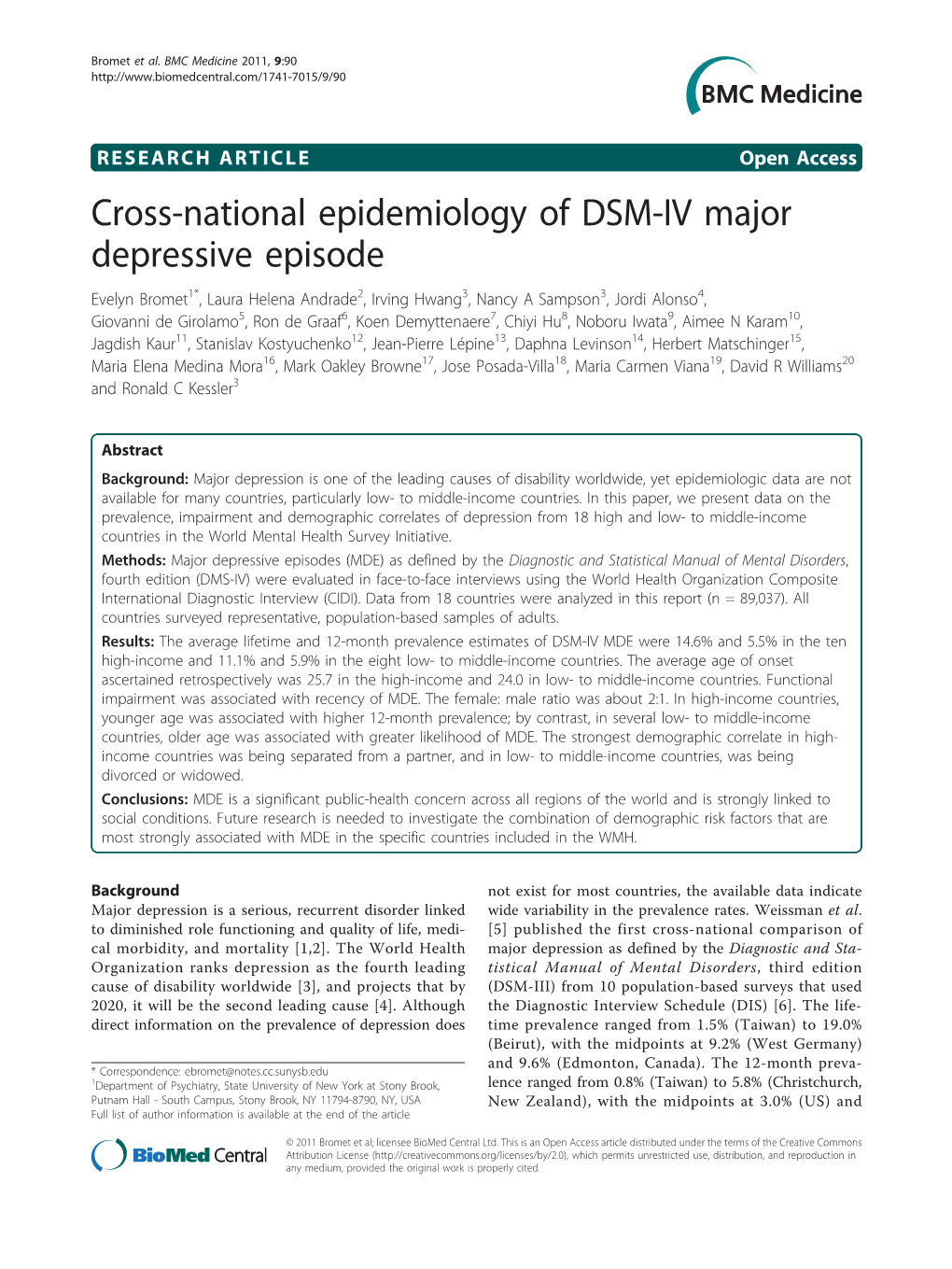 Cross-National Epidemiology of DSM-IV Major Depressive Episode