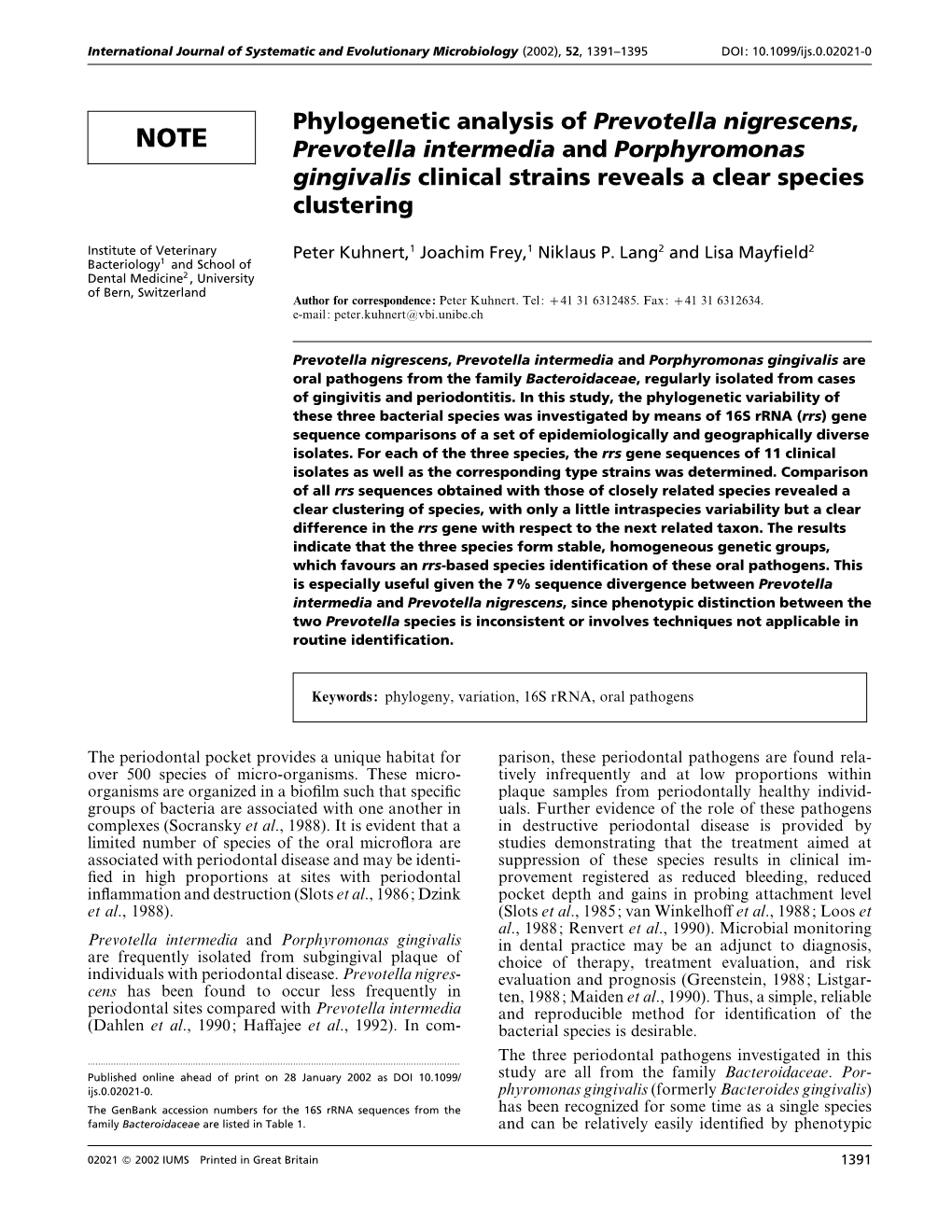 Phylogenetic Analysis of Prevotella Nigrescens, Prevotella Intermedia