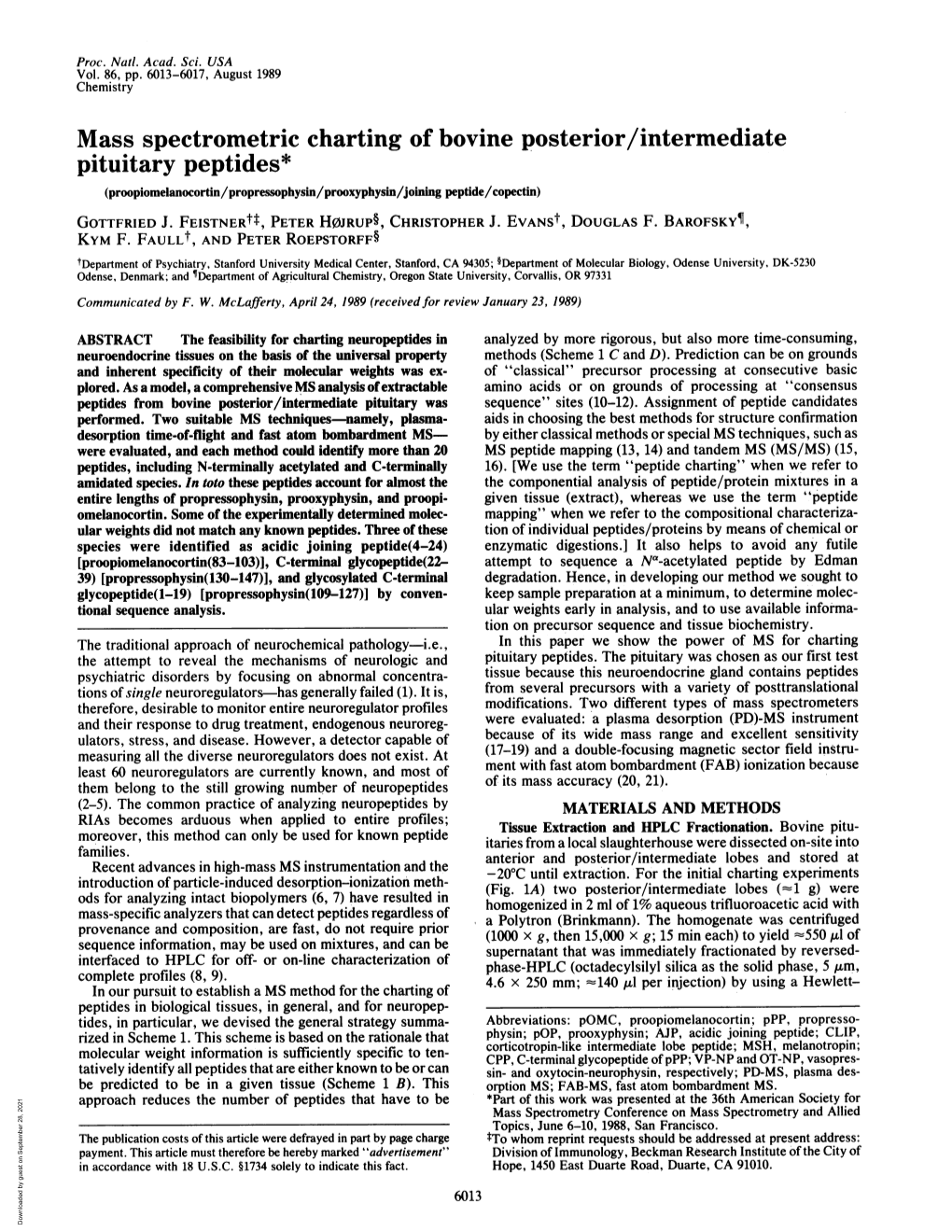 Mass Spectrometric Charting of Bovine Posterior/Intermediate Pituitary