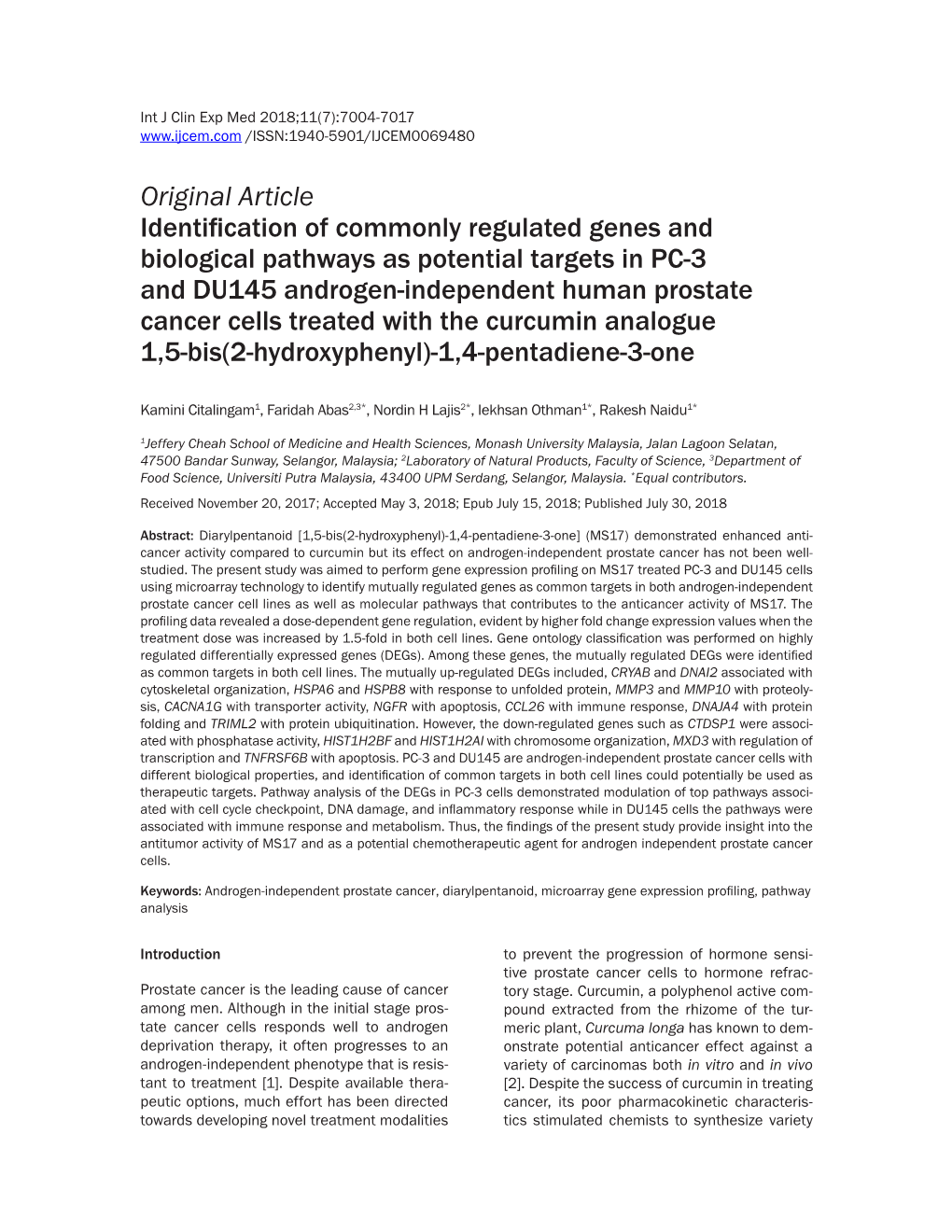 Original Article Identification of Commonly Regulated Genes And