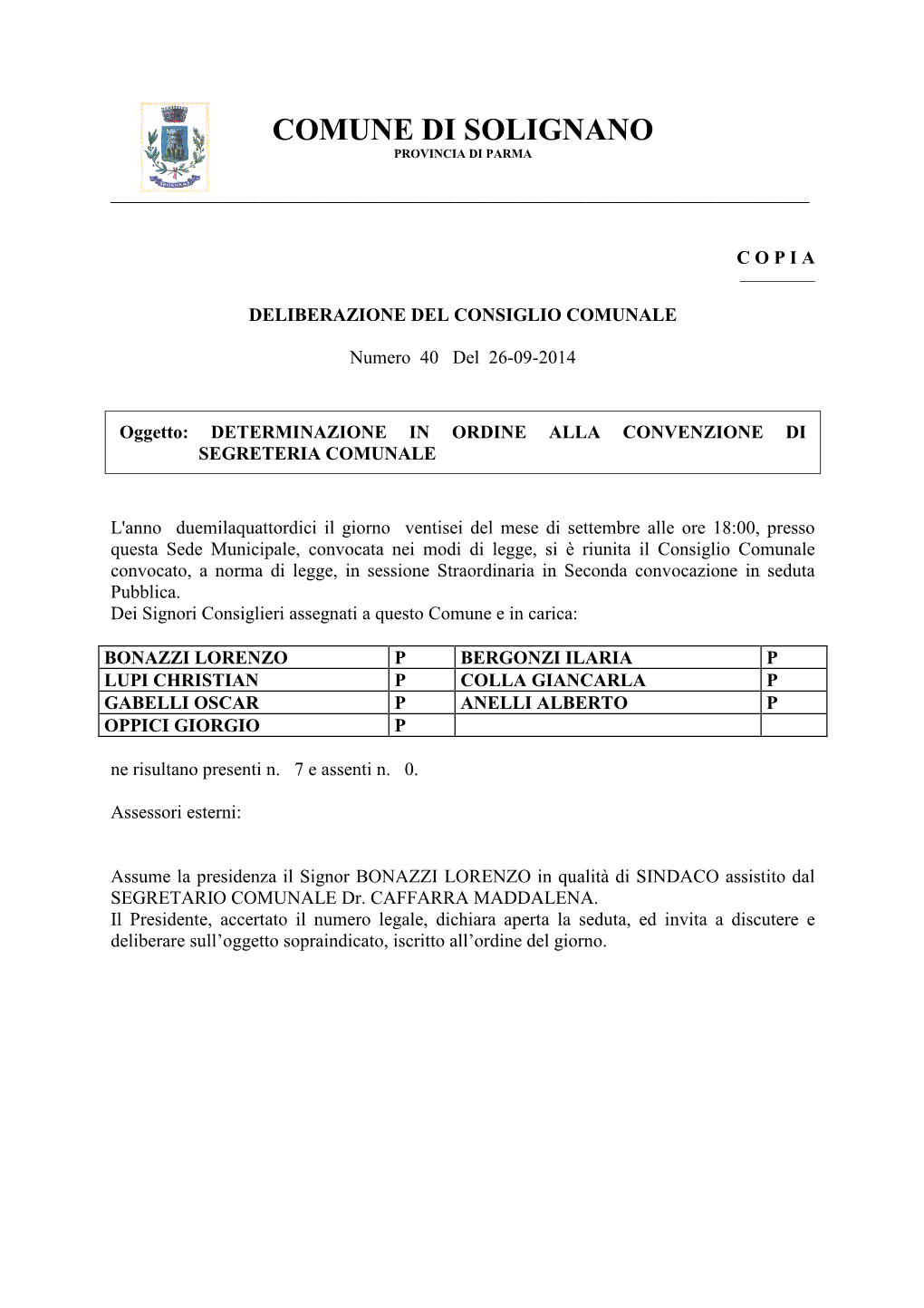 Comune Di Solignano Provincia Di Parma