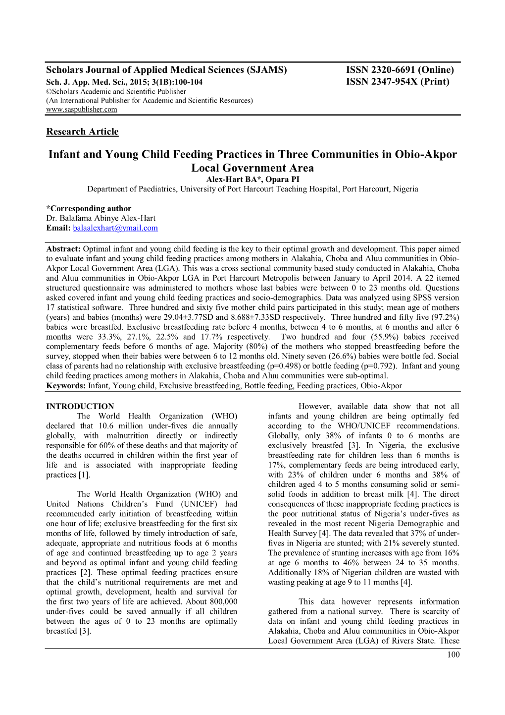 Infant and Young Child Feeding Practices in Three Communities In
