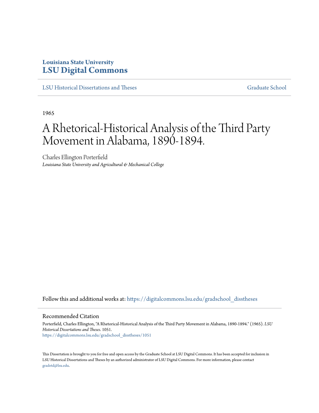 A Rhetorical-Historical Analysis of the Third Party Movement in Alabama, 1890-1894