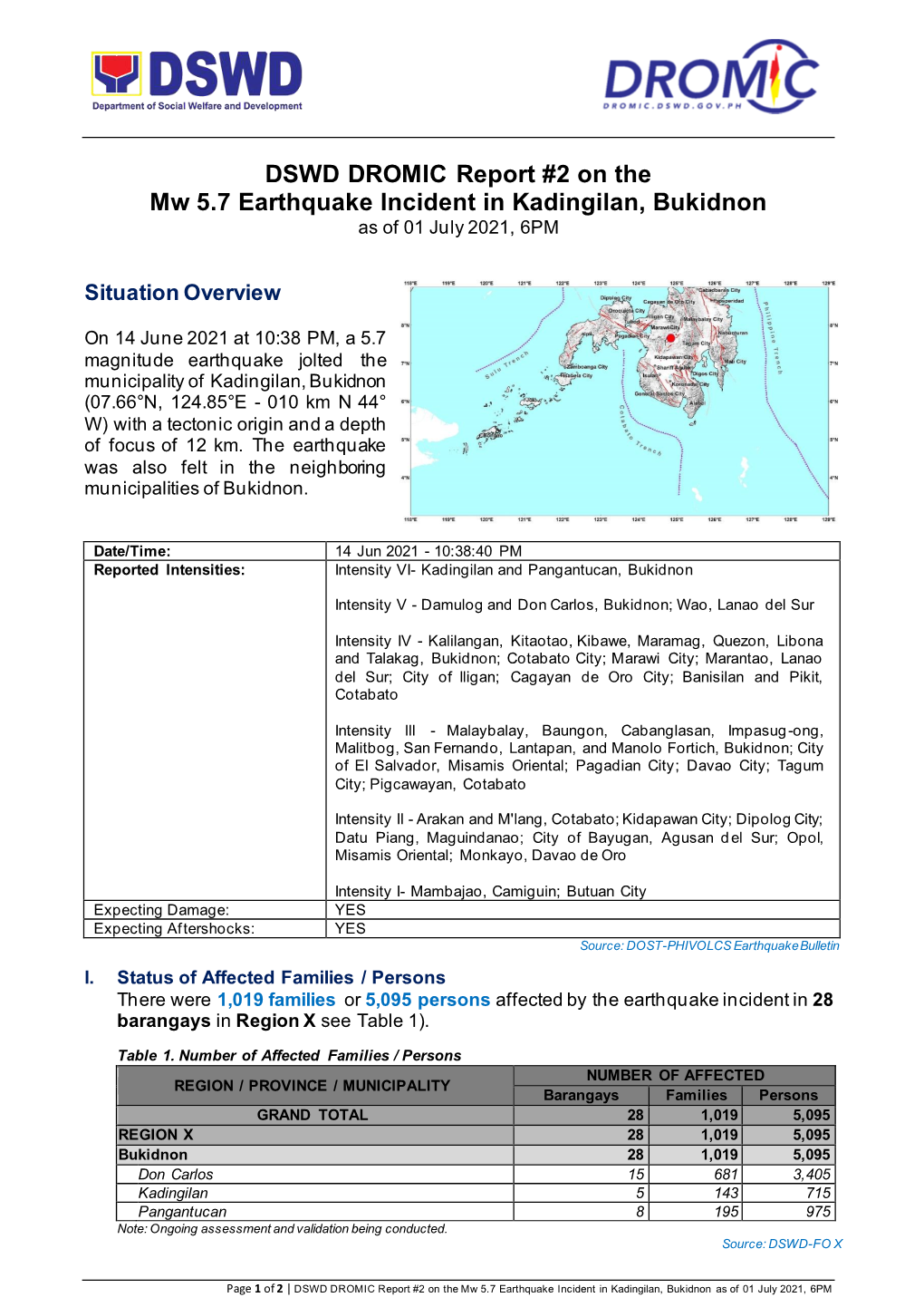 DSWD DROMIC Report #2 on the Mw 5.7 Earthquake Incident in Kadingilan, Bukidnon As of 01 July 2021, 6PM
