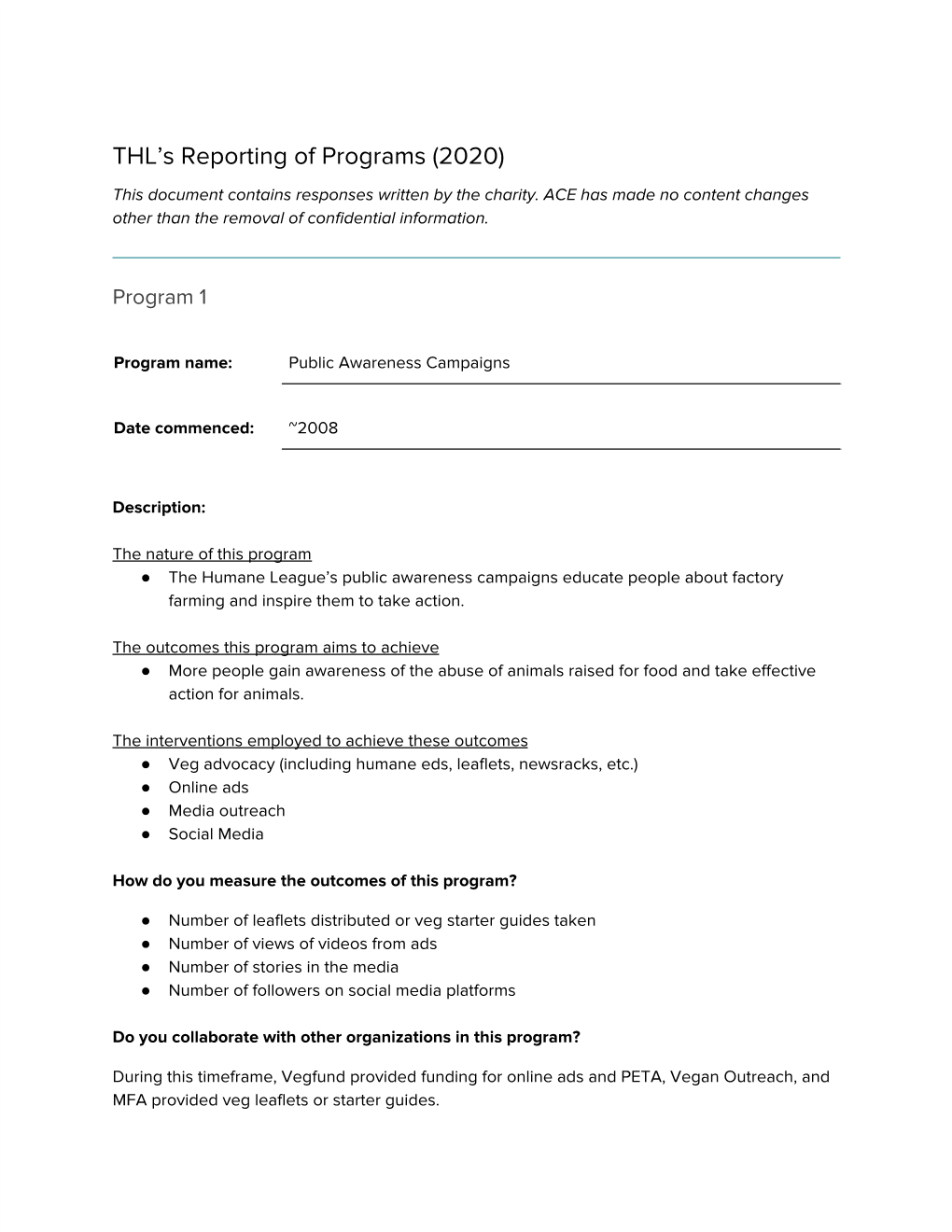 THL's Reporting of Programs (2020)