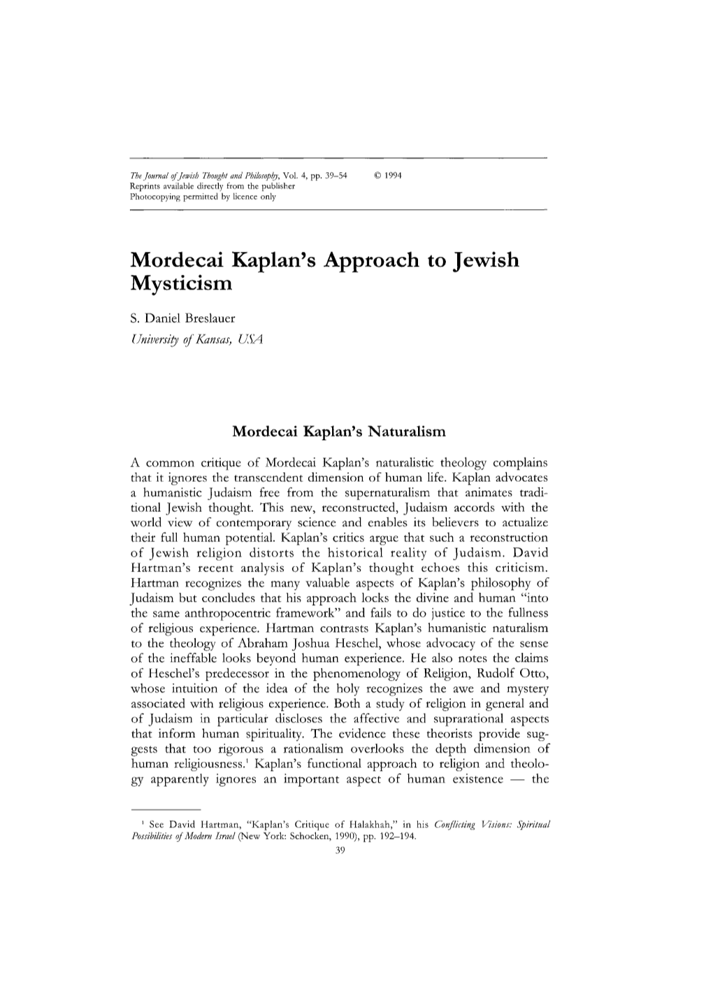 Mordecai Kaplan's Approach to Jewish Mysticism