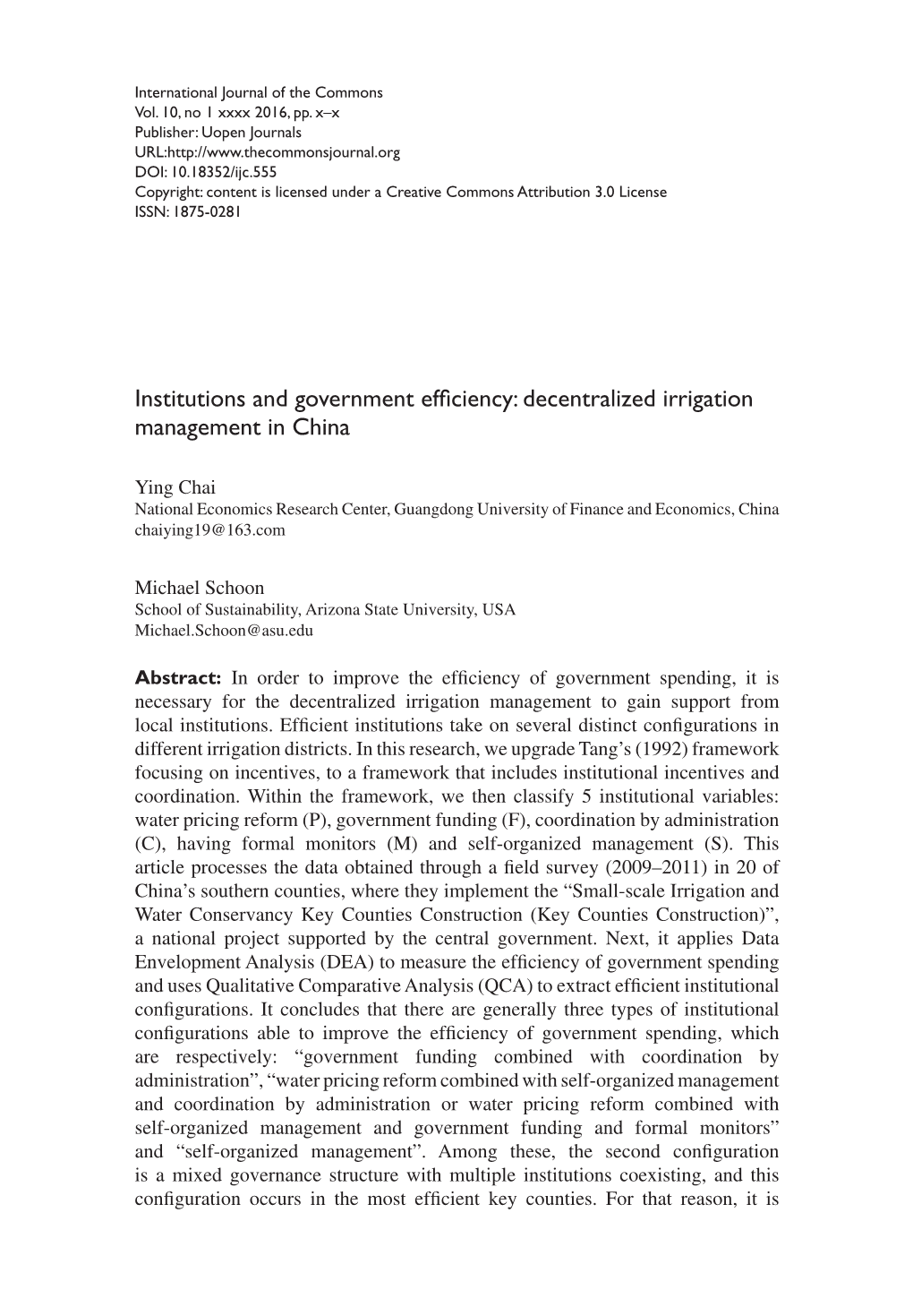 Institutions and Government Efficiency: Decentralized Irrigation Management in China