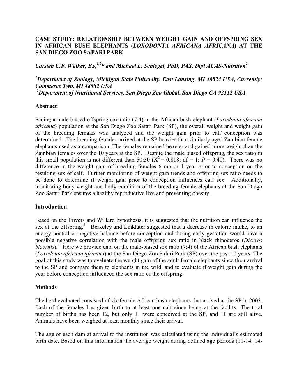 Relationship Between Weight Gain and Offspring Sex in African Bush Elephants (Loxodonta Africana Africana) at the San Diego Zoo Safari Park