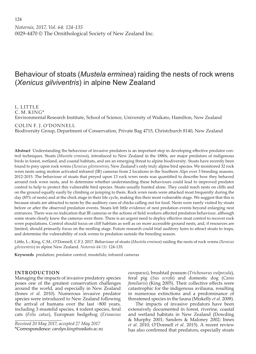 Behaviour of Stoats (Mustela Erminea) Raiding the Nests of Rock Wrens (Xenicus Gilviventris) in Alpine New Zealand