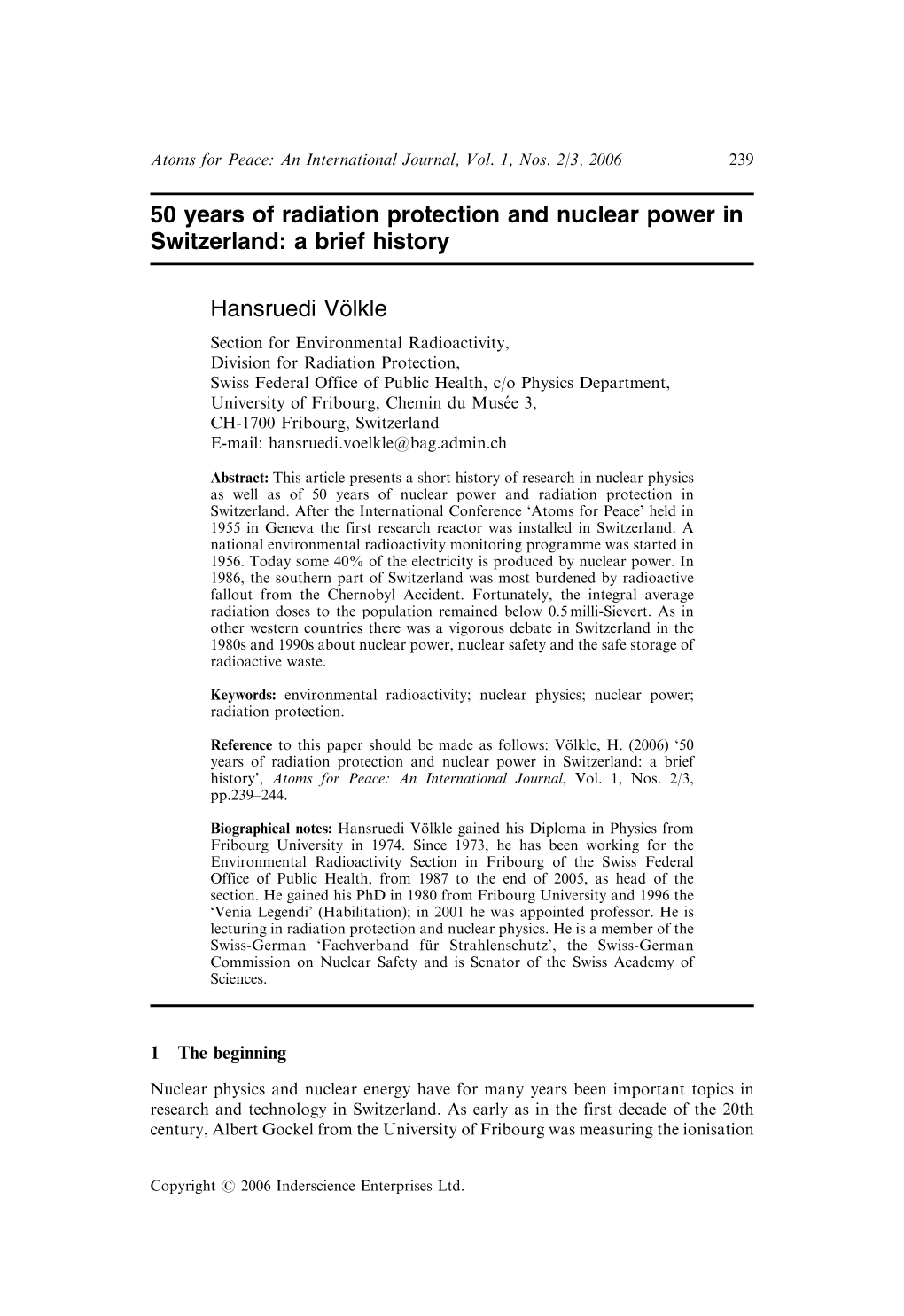 50 Years of Radiation Protection and Nuclear Power in Switzerland: a Brief History