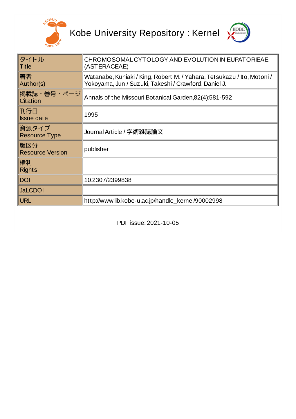 CHROMOSOMAL CYTOLOGY and EVOLUTION in EUPATORIEAE Title (ASTERACEAE) 著者 Watanabe, Kuniaki / King, Robert M