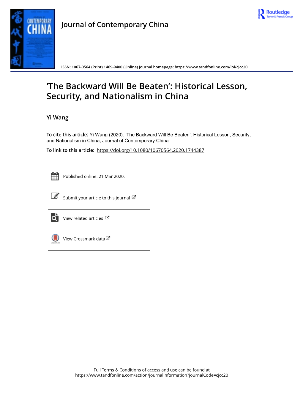 'The Backward Will Be Beaten': Historical Lesson, Security, and Nationalism in China