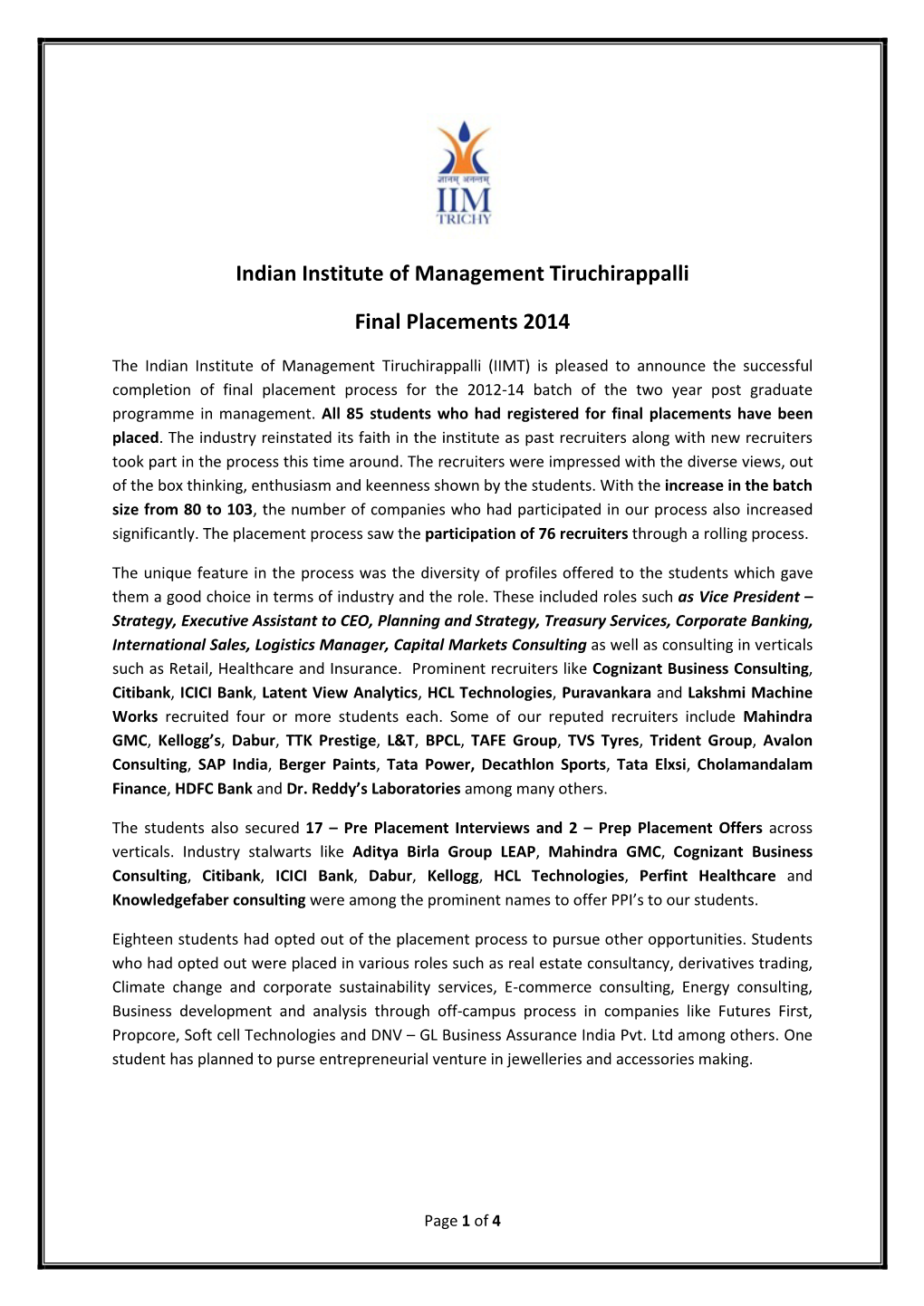 Indian Institute of Management Tiruchirappalli Final Placements 2014