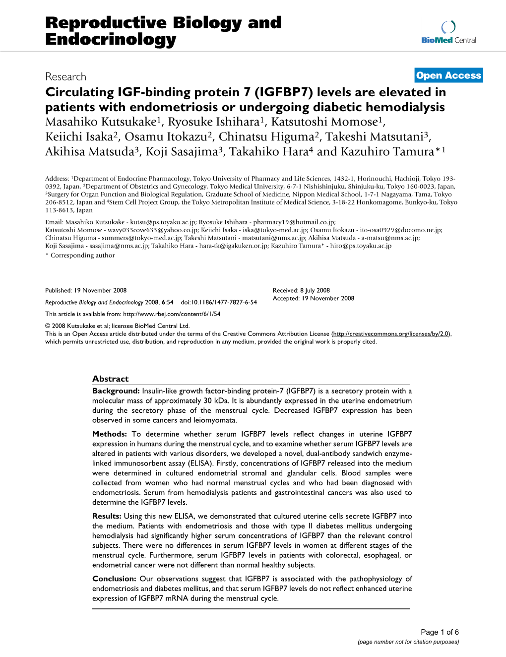 Circulating IGF-Binding Protein 7 (IGFBP7) Levels Are Elevated In