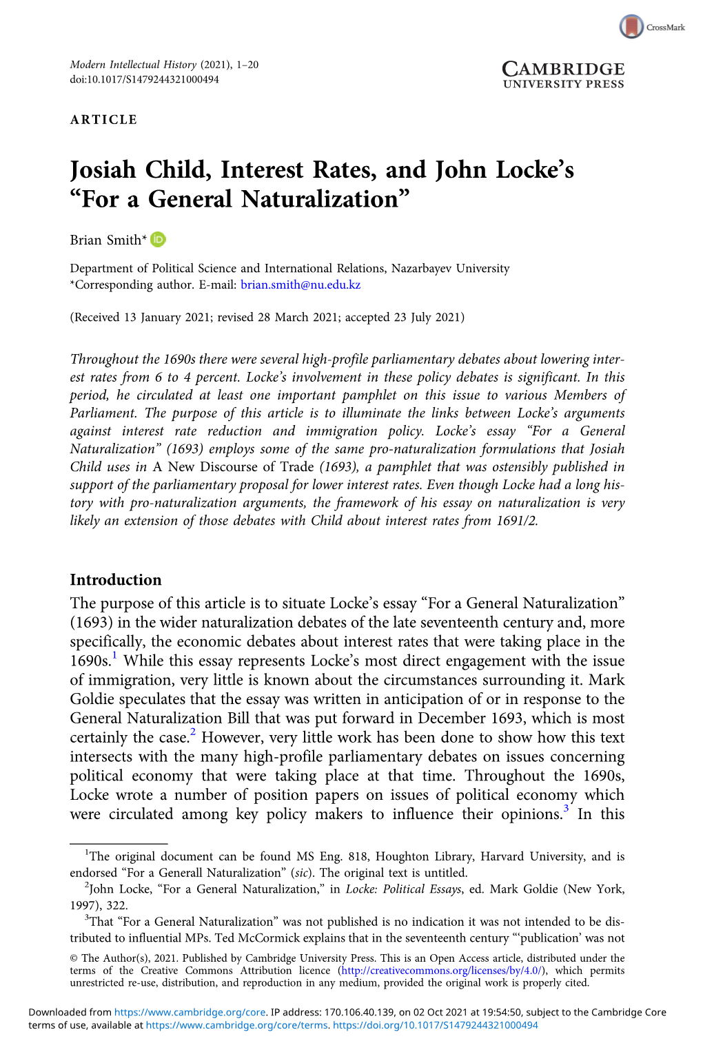 Josiah Child, Interest Rates, and John Locke's “For a General Naturalization”