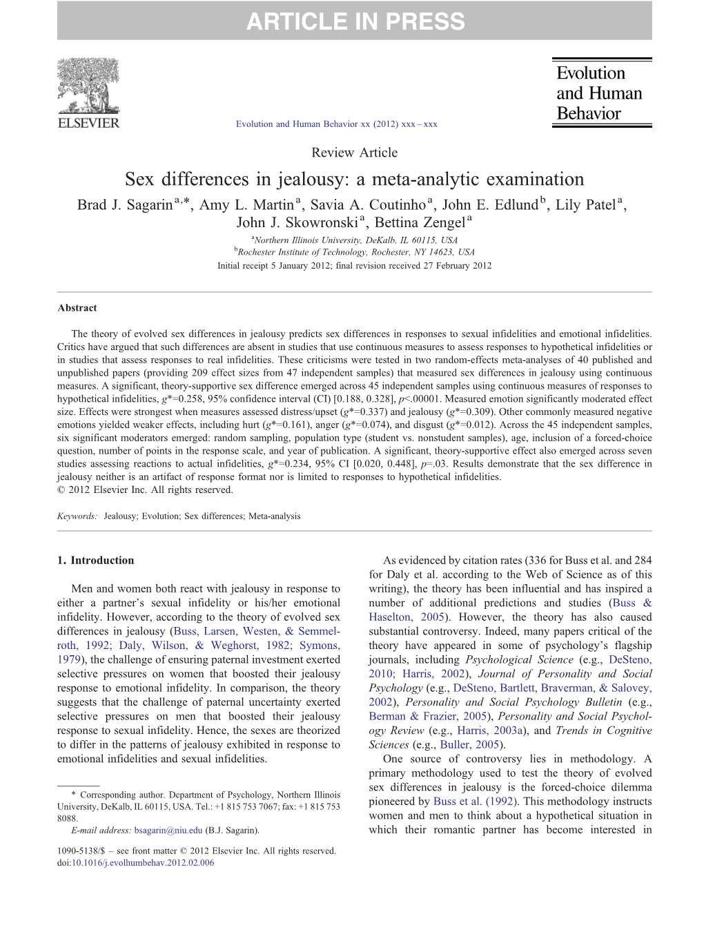 Sex Differences in Jealousy: a Meta-Analytic Examination ⁎ Brad J