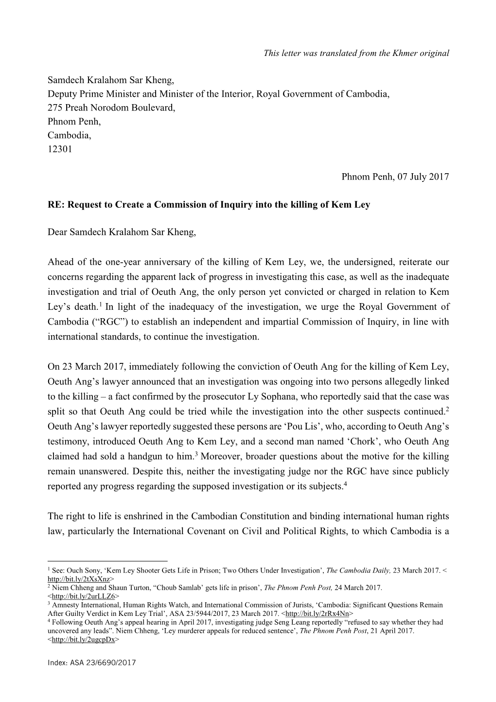 Cambodia: Call for Commission of Inquiry Into the Killing of Kem