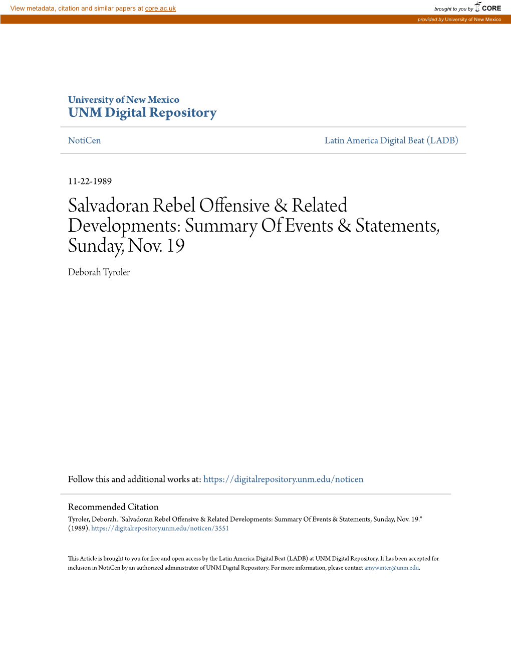 Salvadoran Rebel Offensive & Related Developments: Summary of Events & Statements, Sunday, Nov